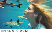 A woman floats gracefully beneath the surface, captivated by the presence of sharks gliding nearby in the serene turquoise water. Стоковое AI-видео, аниматор Данила Большаков / Фотобанк Лори