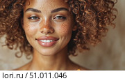 A cheerful young woman with curly hair and freckles beams with joy in a softly lit environment, radiating positivity and beauty. Стоковое AI-видео, аниматор Данила Большаков / Фотобанк Лори