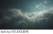 Climbing a ladder through clouds towards bright sunlight in a dramatic sky. Стоковое AI-видео, аниматор Сергей Толмачёв / Фотобанк Лори