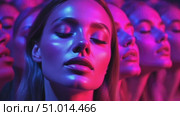 A mesmerizing display of a model's serene expression under colorful lighting that creates an enchanting atmosphere. Стоковое AI-видео, аниматор Данила Большаков / Фотобанк Лори
