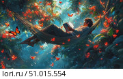 A person enjoys a peaceful afternoon in a hammock, reading a book amidst vibrant butterflies and rich green foliage in a serene forest setting. Стоковое AI-видео, аниматор Данила Большаков / Фотобанк Лори