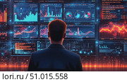 A person examines complex data visualizations on multiple screens in a high-tech control room, uncovering insights and trends. Стоковое AI-видео, аниматор Данила Большаков / Фотобанк Лори