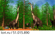 Group of Brachiosaurus dinosaurs grazing on tree tops. Стоковое фото, фотограф Stocktrek Images, Inc. / ТАСС / Фотобанк Лори