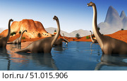 Brachiosaurus dinosaurs grazing in a prehistoric lake. Стоковое фото, фотограф Stocktrek Images, Inc. / ТАСС / Фотобанк Лори