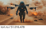 A soldier in high-tech gear strides confidently through a dusty war zone while multiple drones hover nearby, enhancing tactical operations. Стоковое AI-видео, аниматор Данила Большаков / Фотобанк Лори