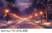 A tranquil winter scene unfolds as soft snow blankets a park pathway, lit by glowing lamps against a twilight backdrop. Стоковое AI-видео, аниматор Данила Большаков / Фотобанк Лори