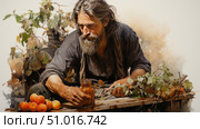 An artistic illustration in the style of realistic watercolor depicts an elderly man with long hair and a beard, sitting at a wooden table. He holds a glass jar with honey or tincture, on the table lie apples and a grapevine with autumn leaves. The painting conveys the atmosphere of rural life, comfort, wisdom and work on the land. Light, warm palette emphasizes harmony with nature and the simplicity of the moment. Suitable for themes of rural life, ethnography, male philosophy, harvesting and subsistence farming. Стоковое AI-изображение, AI-художник Анна Кривицкая / Фотобанк Лори