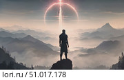 Lone person stands on a mountaintop against a twilight sky, gazing at an awe-inspiring astronomical phenomenon. Стоковое AI-видео, аниматор Данила Большаков / Фотобанк Лори