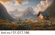 Wooden cabin nestled in a mountainous landscape, surrounded by tall trees and a clear blue sky. Стоковое AI-видео, аниматор Данила Большаков / Фотобанк Лори