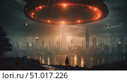 Colossal UFO hovers ominously above a modern citys towering skyline with lights reflecting off a body of water as dusk settles in. Стоковое AI-видео, аниматор Данила Большаков / Фотобанк Лори