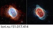 Southern Ring Nebula (NIRCam and MIRI images side by side comparison) Стоковое фото, фотограф Stocktrek Images, Inc. / ТАСС / Фотобанк Лори