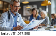 A doctor examines patient charts while a group of engaged medical staff observe in a contemporary clinic setting during a productive afternoon. Стоковое AI-видео, аниматор Данила Большаков / Фотобанк Лори
