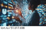A woman interacts with a large display of data, showcasing her analytical skills in a modern tech lab during evening hours. Стоковое AI-видео, аниматор Данила Большаков / Фотобанк Лори