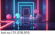 A stunning display of neon lights illuminates a corridor with colorful spheres and geometric designs, creating an immersive, futuristic atmosphere. Стоковое AI-видео, аниматор Данила Большаков / Фотобанк Лори