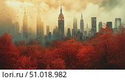 Witness the stunning contrast of autumn foliage against the New York City skyline as dusk falls, illuminating the towering buildings. Стоковое AI-видео, аниматор Данила Большаков / Фотобанк Лори