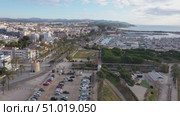 Bird's eye view of Vilanova i la Geltru in province of Barcelona, Spain. Стоковое видео, видеограф Яков Филимонов / Фотобанк Лори
