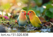 Two colorful lovebirds standing close together near water in nature. Стоковое AI-изображение, AI-художник Катерина Бондарец / Фотобанк Лори