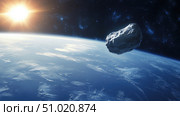 Asteroid flying through outer space near Earth with sunlight shining. Стоковое AI-изображение, AI-художник Катерина Бондарец / Фотобанк Лори