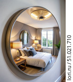 Round Convex Mirror Reflecting a Modern Bedroom Interior. Generative AI. Стоковое AI-изображение, AI-художник Roman Zavorotny / Фотобанк Лори