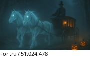 Spooky ghostly carriage pulled by two glowing spectral horses in a dark forest. Стоковое AI-видео, аниматор Екатерина Усенко / Фотобанк Лори