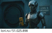 Humanoid robot holding Geiger counter near sealed bunker door. Стоковое AI-видео, аниматор Екатерина Усенко / Фотобанк Лори