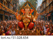 Vibrant Celebration of Cultural Heritage with Enthusiastic Devotees Gathering Around a Grand Ganesh Idol During Festivities Filled with Joy and Colorful Decorations. Стоковое AI-изображение, AI-художник Башкирова Анна / Фотобанк Лори