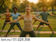 Diverse group of people practicing yoga poses on mats in a lush park during golden sunset, promoting mindfulness and fitness. Стоковое AI-изображение, AI-художник Башкирова Анна / Фотобанк Лори