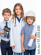Three children dressed as professionals, one with a calculator, another in a hard hat and goggles, and the last holding blueprints, showcasing future career aspirations and teamwork. Стоковое AI-изображение, AI-художник Ирина Ручушкина / Фотобанк Лори
