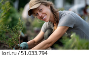 Woman planting seedlings in community garden during sunny afternoon, contributing to local food production. Стоковое AI-изображение, AI-художник Сергей Толмачёв / Фотобанк Лори