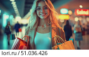 A young woman smiles brightly while holding several shopping bags in a lively mall filled with shoppers at dusk. Стоковое AI-видео, аниматор Данила Большаков / Фотобанк Лори