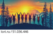 A lively group of hikers stands atop a mountain, cheering at sunset, surrounded by stunning views of nature and colorful skies. Стоковое AI-видео, аниматор Данила Большаков / Фотобанк Лори