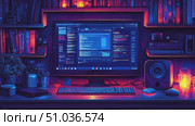A cozy workspace is illuminated by colorful lights while a focused individual works on a computer, surrounded by books and decorative items. Стоковое AI-видео, аниматор Данила Большаков / Фотобанк Лори
