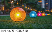 Illuminated globes in bright colors shine on a lush lawn, enhancing the evening ambiance in the urban park with a beautiful glow. Стоковое AI-видео, аниматор Данила Большаков / Фотобанк Лори