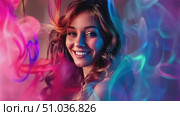 A joyous woman smiles brightly while colorful, swirling patterns create an engaging backdrop, showcasing creativity and expression. Стоковое AI-видео, аниматор Данила Большаков / Фотобанк Лори