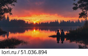 Friends share a quiet moment by the lakeside as the sun sets, casting beautiful colors across the sky and water, creating a tranquil atmosphere. Стоковое AI-видео, аниматор Данила Большаков / Фотобанк Лори