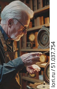 An Experienced Artisan Diligently Works on Crafting Components in a Vintage Workshop, Showcasing the Intricacies of Timekeeping Artistry with Passion and Precision. Стоковое AI-видео, аниматор Владимир Федоров / Фотобанк Лори
