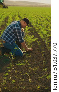 A dedicated farmer tending to vibrant crops in a lush green field, showcasing the dedication and hard work involved in agriculture and soil cultivation. Стоковое AI-видео, аниматор Владимир Федоров / Фотобанк Лори