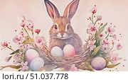 Watercolor painting of easter rabbit sitting in a nest surrounded by eggs. Стоковое AI-видео, аниматор Данила Большаков / Фотобанк Лори