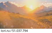 Illustration animation of sun setting behind a majestic mountain range, casting a warm glow over the rugged peaks and valleys below. Стоковое AI-видео, аниматор Данила Большаков / Фотобанк Лори