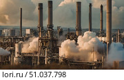 Factory emitting thick smoke from its stacks, depicting industrial pollution and environmental impact. Стоковое AI-видео, аниматор Данила Большаков / Фотобанк Лори