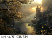 Medieval castle ruins overlooking serene lake at sunset with birds flying. Стоковое AI-изображение, AI-художник Иван Рябоконь / Фотобанк Лори