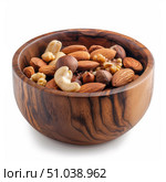 Mixed nuts overflowing a wooden bowl on white background. Стоковое AI-изображение, AI-художник Иван Рябоконь / Фотобанк Лори