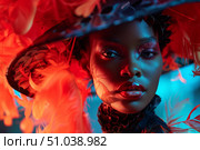 Fashion model posing with extravagant red feather hat and glitter makeup. Стоковое AI-изображение, AI-художник Иван Рябоконь / Фотобанк Лори