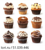 Delicious cupcakes with various toppings creating a tempting display. Стоковое AI-изображение, AI-художник Иван Рябоконь / Фотобанк Лори