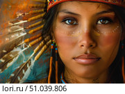 Indigenous woman wearing traditional headdress and face paint posing for portrait. Стоковое AI-изображение, AI-художник Иван Рябоконь / Фотобанк Лори