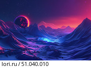 Synthwave planet rising over majestic mountains, futuristic landscape. Стоковое AI-изображение, AI-художник Иван Рябоконь / Фотобанк Лори