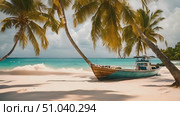 Lone boat is stationary on a sandy beach, with the water gently lapping against its hull. The scene captures the boats serene presence in the seaside setting. Стоковое AI-видео, аниматор Данила Большаков / Фотобанк Лори