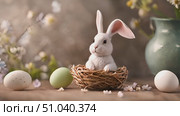 White rabbit is sitting calmly in nest next to cluster of eggs, showcasing peaceful coexistence in nature. Стоковое AI-видео, аниматор Данила Большаков / Фотобанк Лори