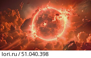 Colossal sun radiating fiery energy, surrounded by intense and dynamic flames in a powerful display of cosmic forces. Стоковое AI-видео, аниматор Данила Большаков / Фотобанк Лори