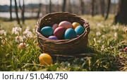 Basket filled with brightly colored eggs is placed atop a lush grass field, creating a vibrant and cheerful scene. Стоковое видео, видеограф Данила Большаков / Фотобанк Лори